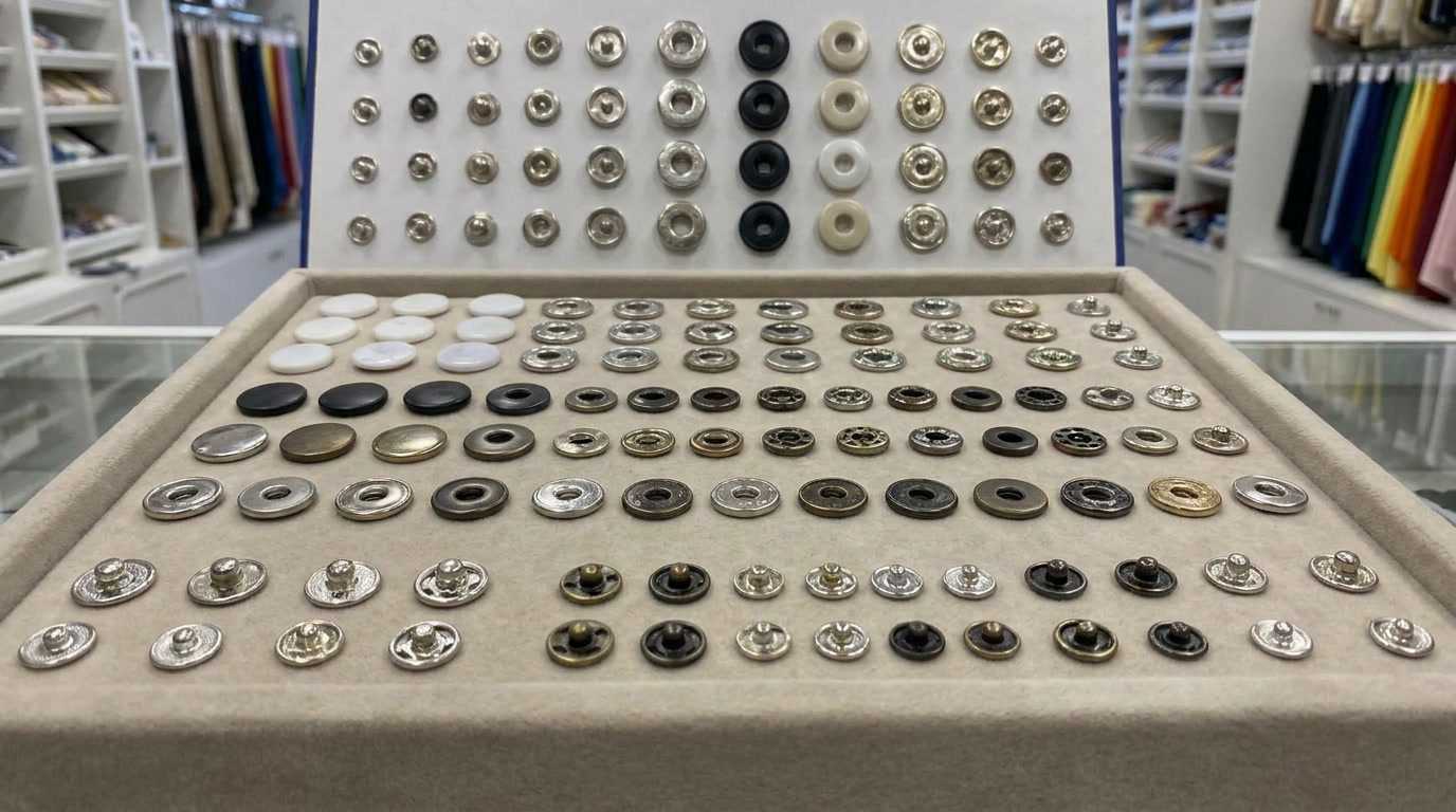 metal snap buttons for jeans, Metal snap buttons for jeans in multiple sizes and finishes are neatly arranged on a large sample display board.